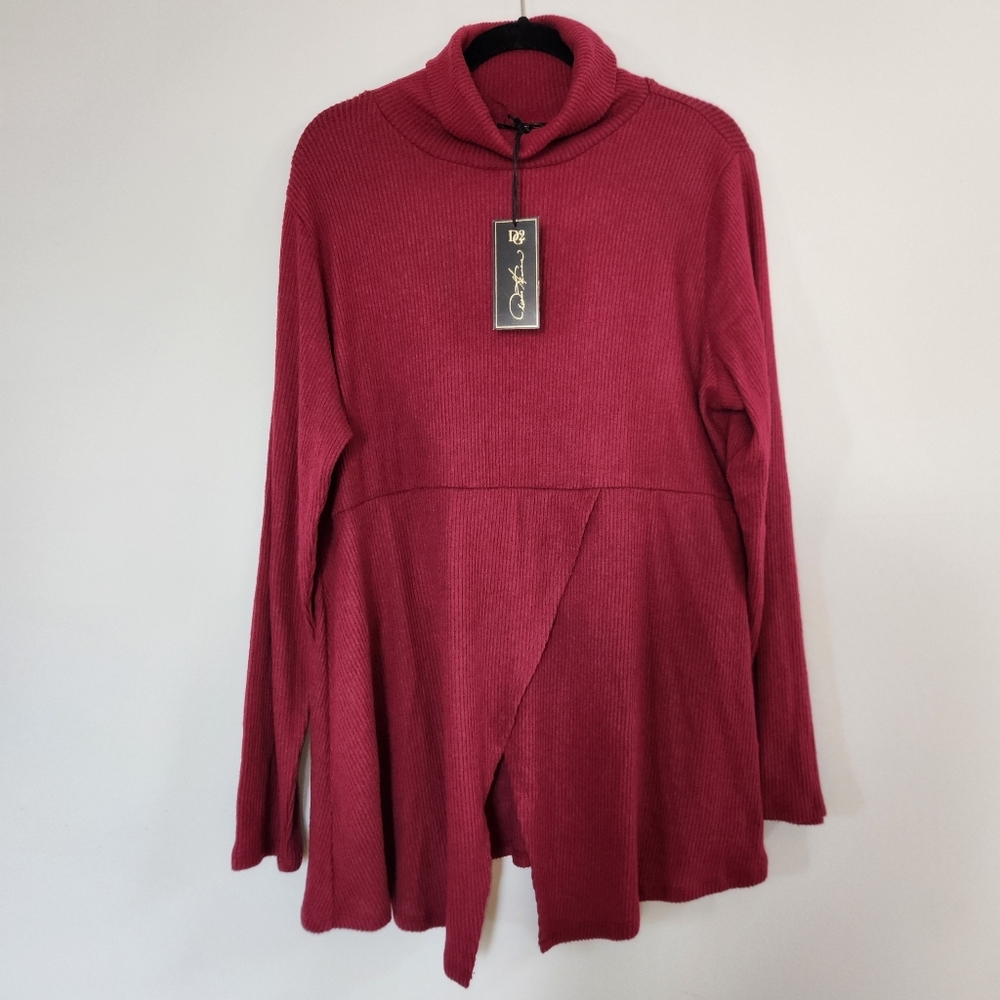 Diane Gilman DR2 Turtleneck Ribbed Cozy Split Front Pullover Top Maroon Sz XL - Picture 12 of 14